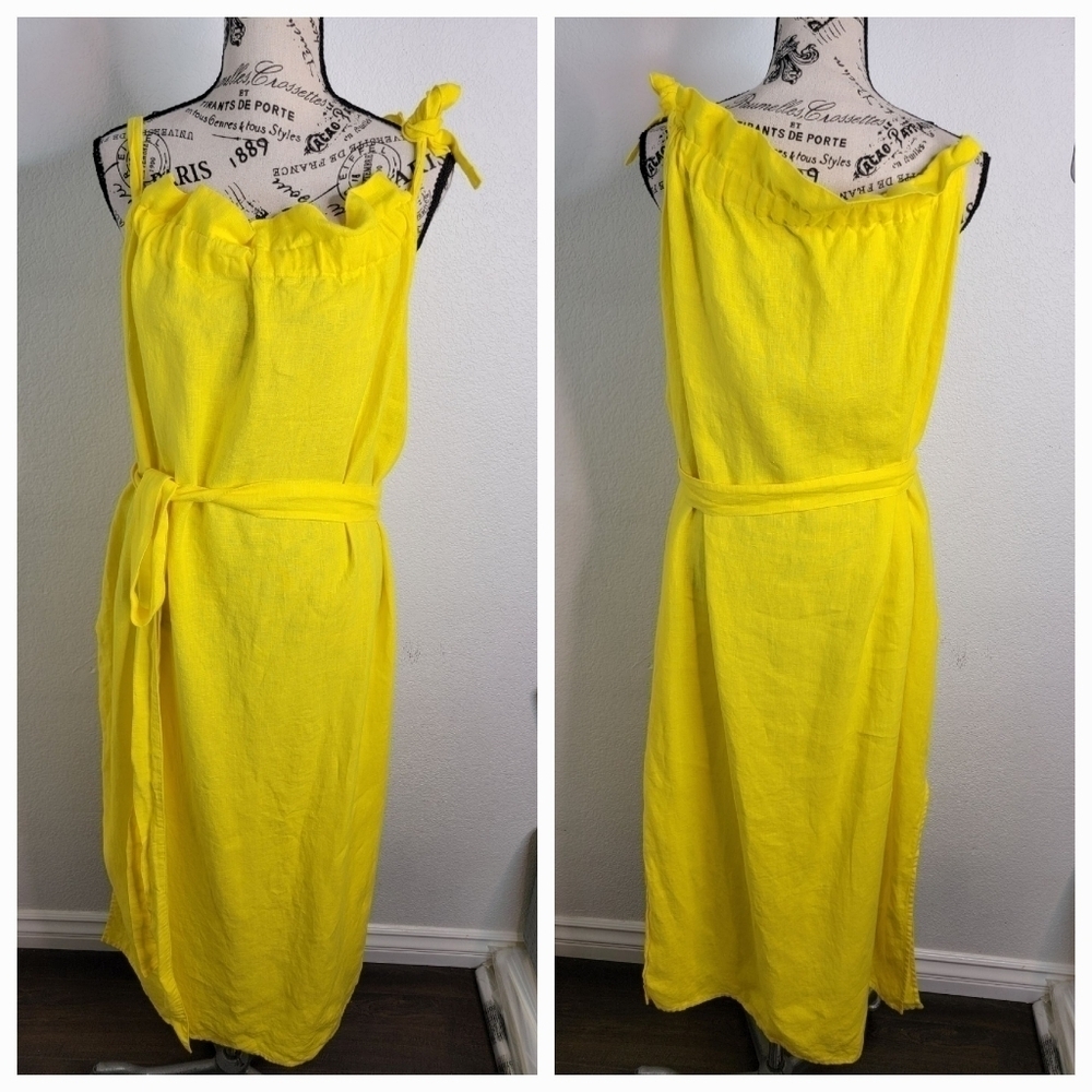 Linen Tonic Linen Midi Dress M/L Belted Off Shoulder Pockets Slits Yellow